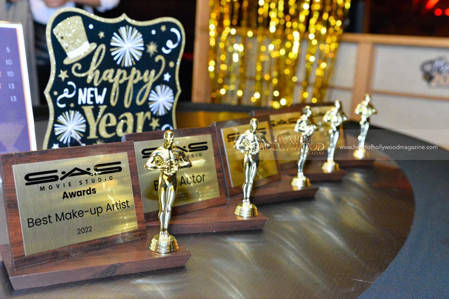 SAS Movie Awards trophies lined up on a table at the ceremony