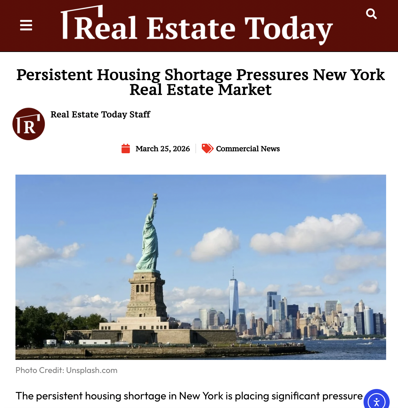 Real Estate Today — Persistent Housing Shortage Pressures New York Real Estate Market