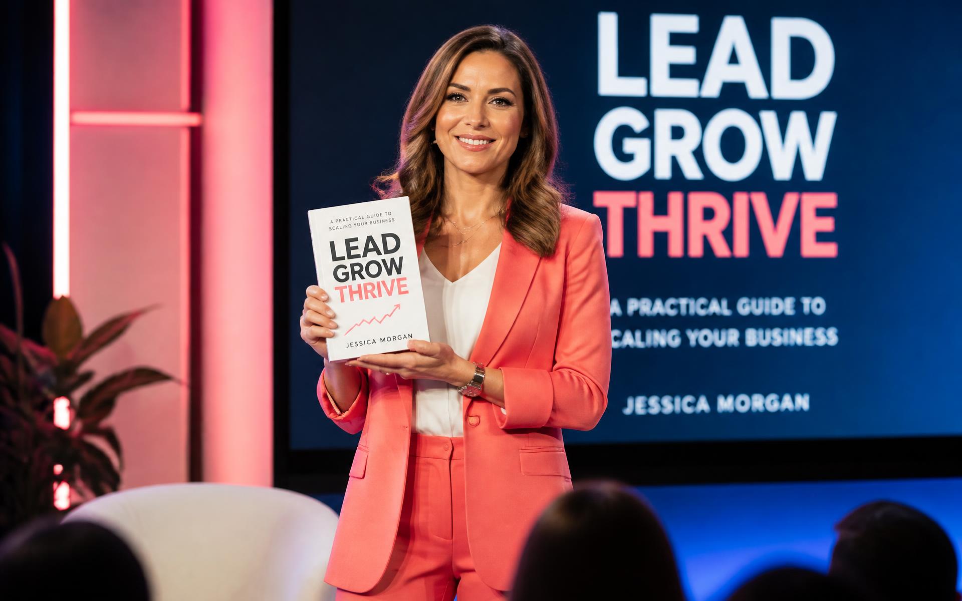 An author presenting her business book on a modern stage