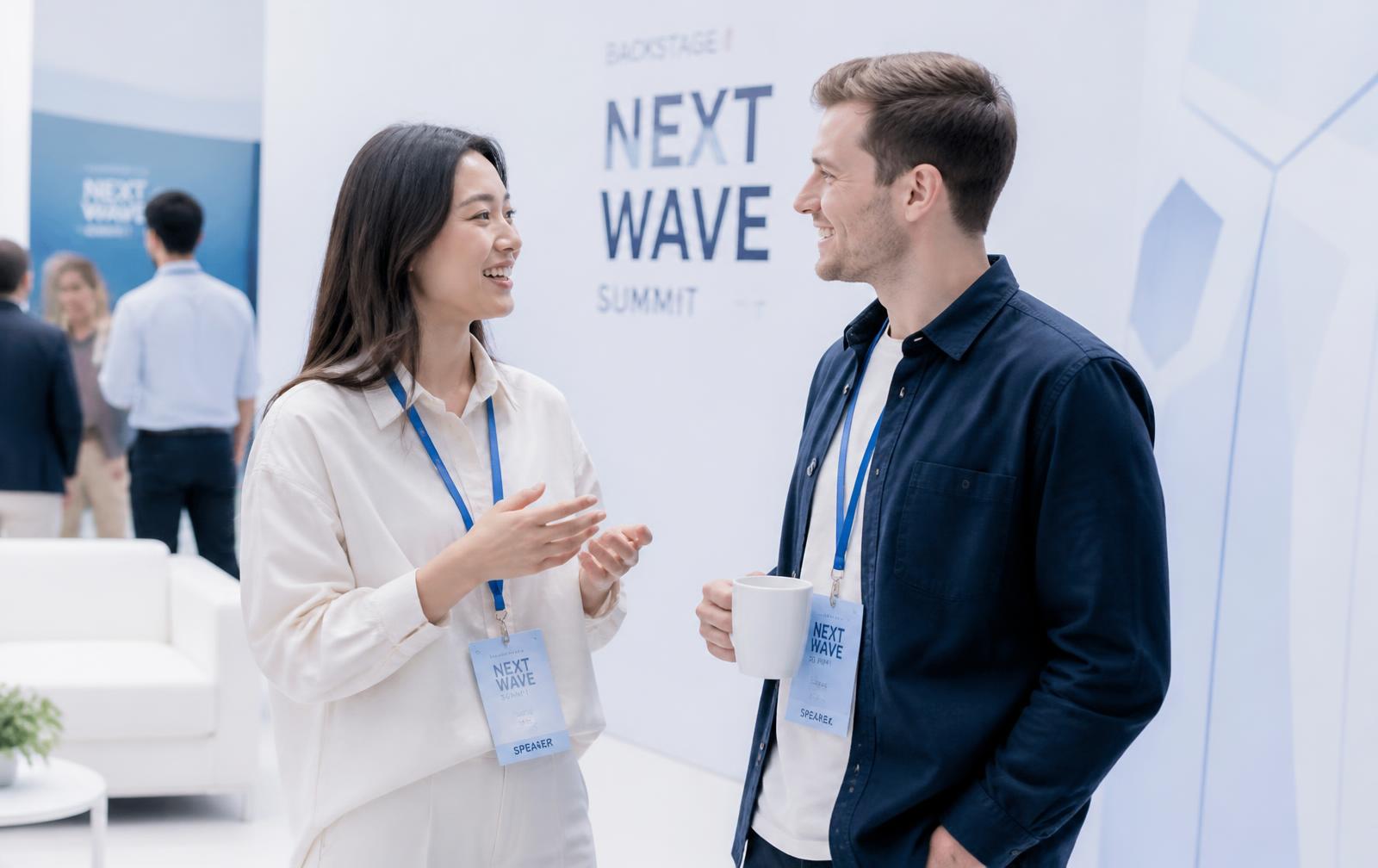 Two founders discussing strategy backstage at a technology summit