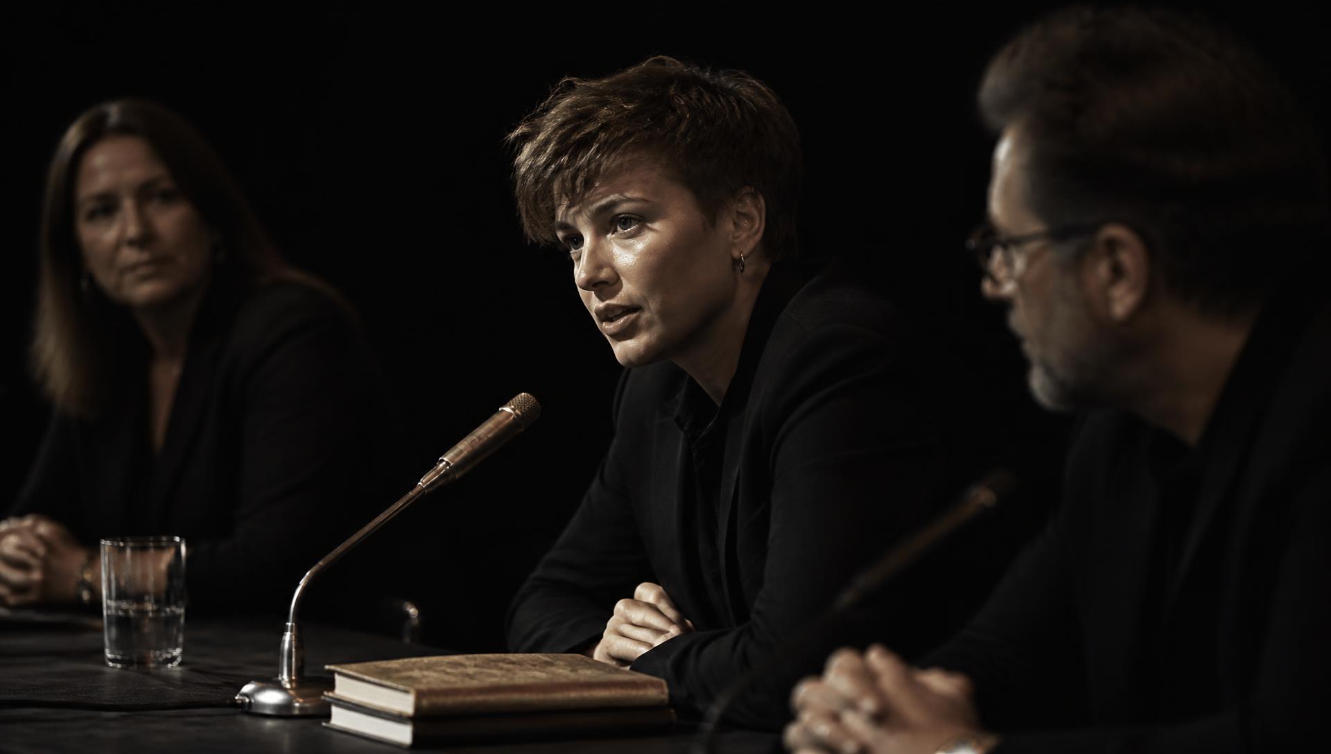 Three panelists at a dark table, the centered speaker lit forward beside a microphone and a book