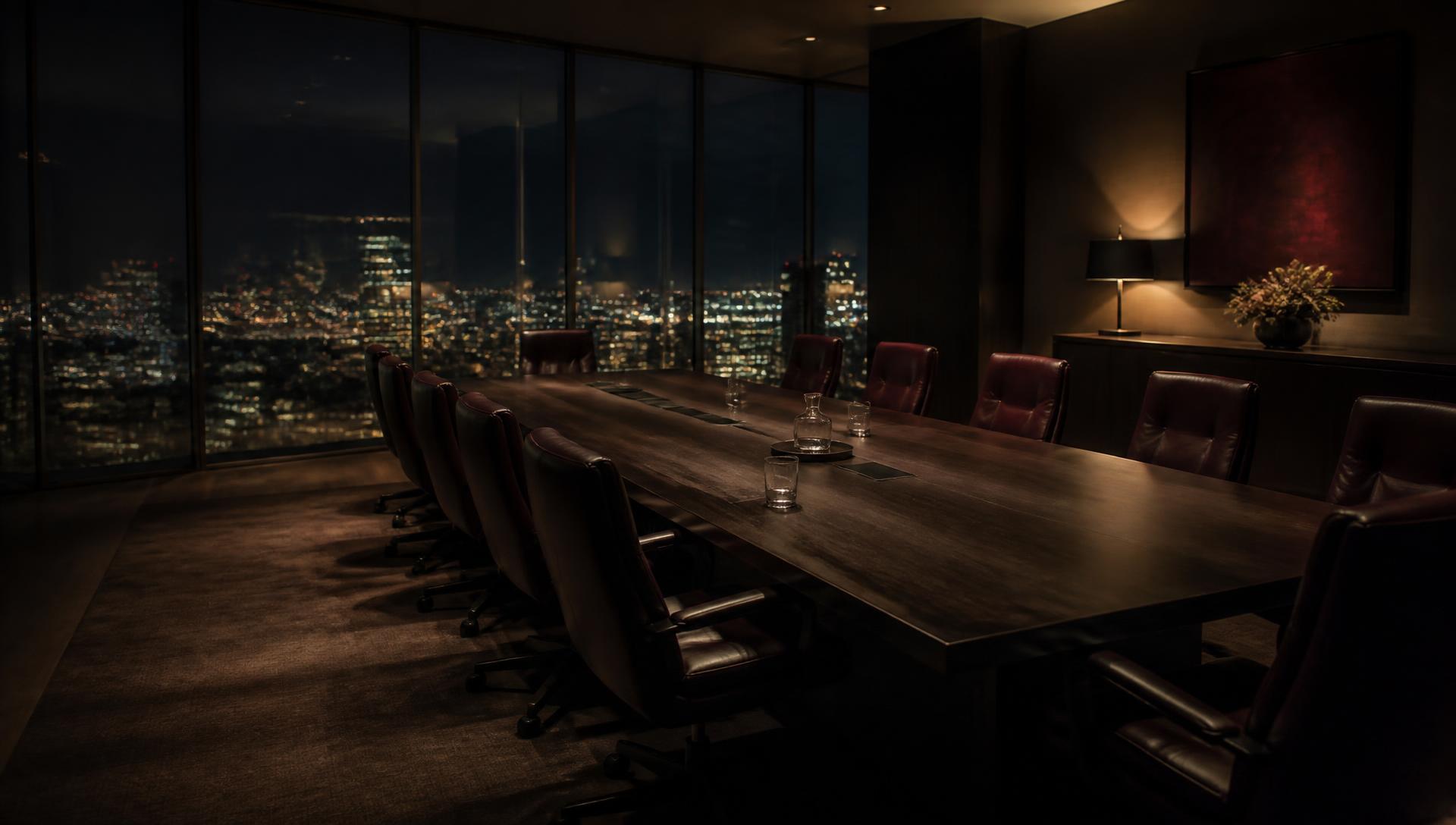 An empty private boardroom at night above a lit city