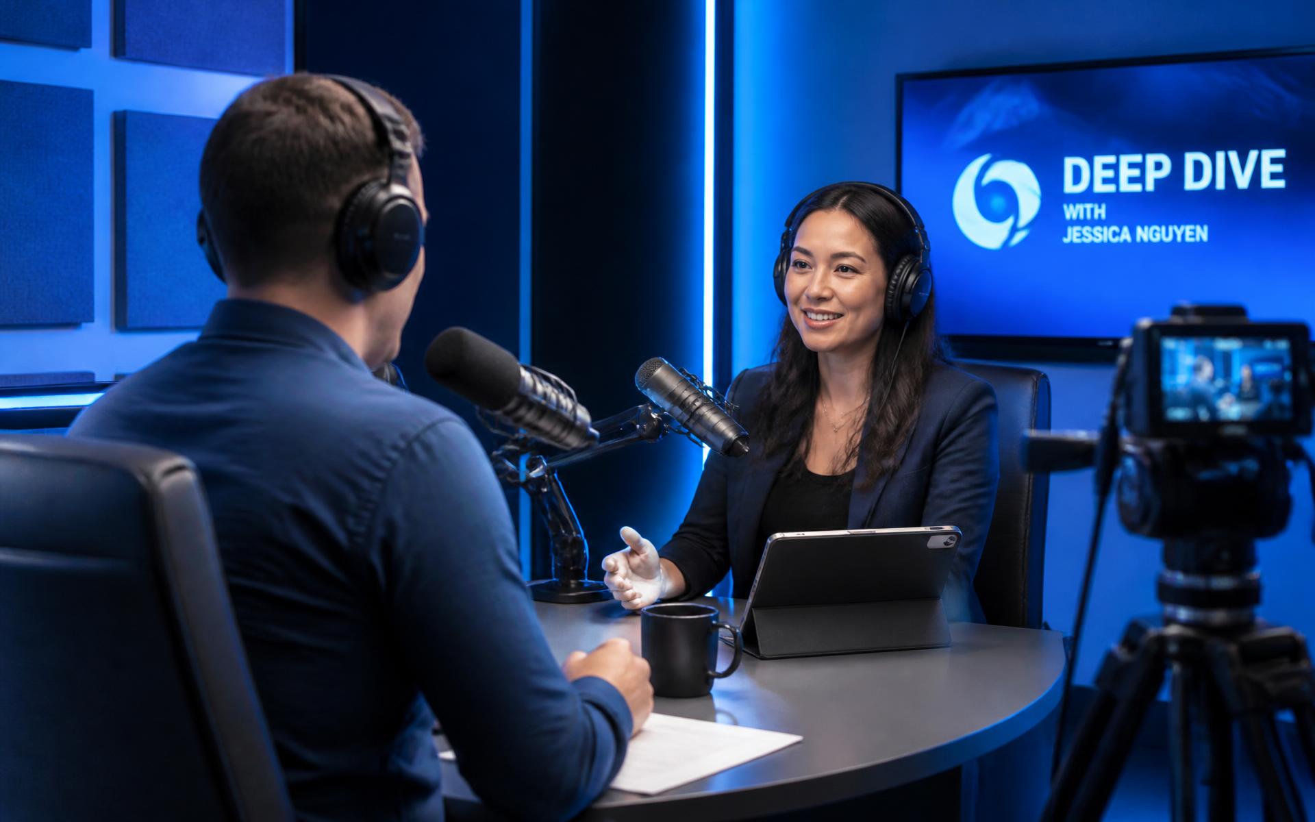 Founder recording an interview in a professional podcast studio