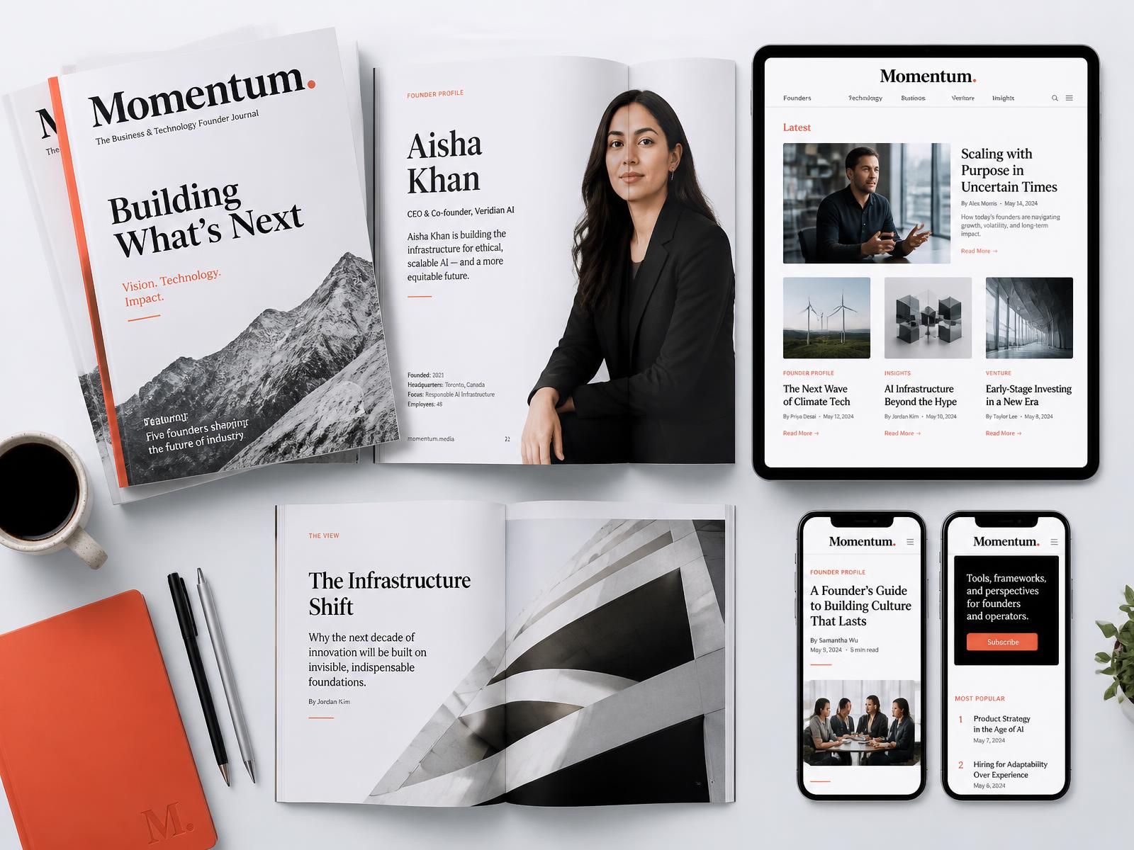 Editorial magazine spreads and online article layouts featuring founder profiles