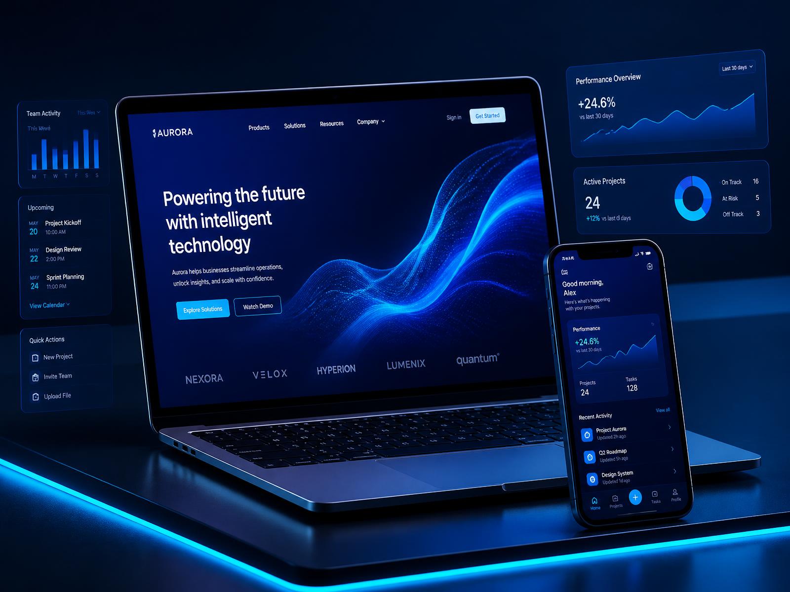 A premium brand website and mobile app interface with live dashboards