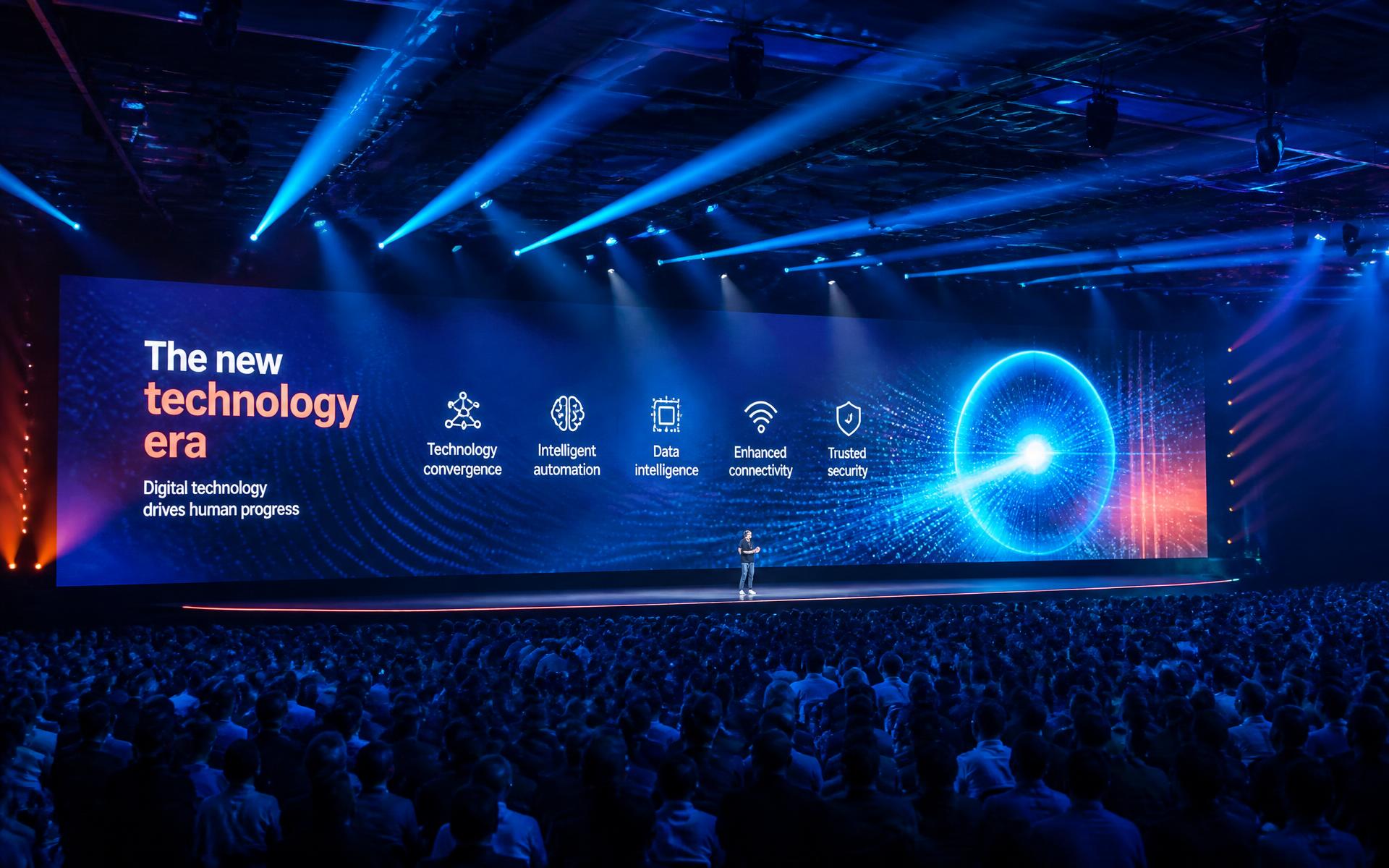 A keynote speaker on a huge technology conference stage in front of thousands