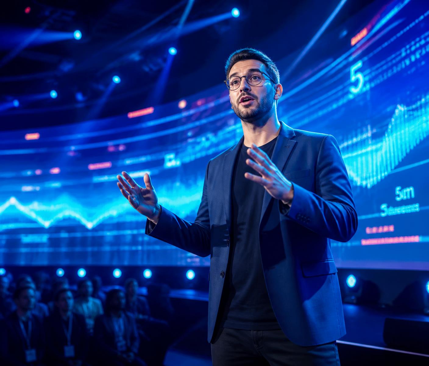 A founder on stage lit by cobalt and aqua light with live data behind them