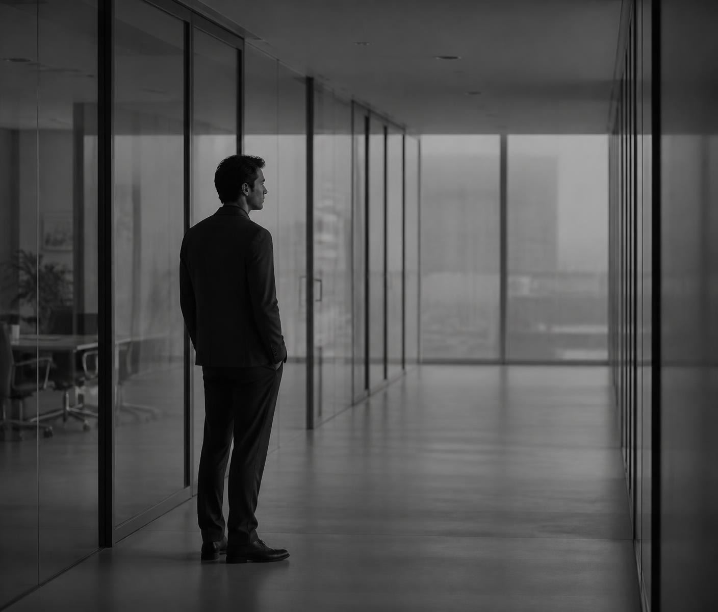 A founder standing alone in a gray, empty office corridor